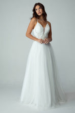 Load image into Gallery viewer, Mesh glitter A-line gown into center embroidery beaded design, V-neckline with double roleau straps #9797