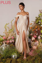 Load image into Gallery viewer, Long off shoulder A-line gown with side slit (safe enclosure to ensure coverage), beaded belt, and pockets #9808