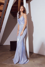Load image into Gallery viewer, Floor length, mermaid, fitted, shimmer toned gown with pleated shaped bust off shoulder jeweled chain #9811