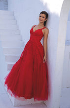 Load image into Gallery viewer, Floor length, A-line silhouette with 3D lace embroidery on the bodice and straps #9858