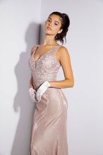 Load image into Gallery viewer, Long, fitted glitter jersey dress with embroidered V-neckline and bodice #9910
