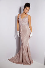 Load image into Gallery viewer, Long, fitted glitter jersey dress with embroidered V-neckline and bodice #9910