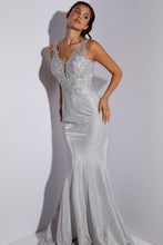 Load image into Gallery viewer, Long, fitted glitter jersey dress with embroidered V-neckline and bodice #9910