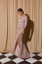 Load image into Gallery viewer, Floor length, fitted glitter jersey dress with half long sleeve, embroidered V-neckline and bodice #9970