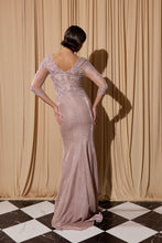 Load image into Gallery viewer, Floor length, fitted glitter jersey dress with half long sleeve, embroidered V-neckline and bodice #9970