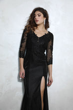 Load image into Gallery viewer, Floor length, fitted glitter jersey dress with half long sleeve, embroidered V-neckline and bodice #9970