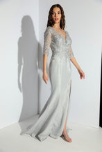 Load image into Gallery viewer, Floor length, fitted glitter jersey dress with half long sleeve, embroidered V-neckline and bodice #9970