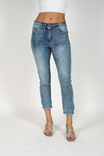 Load image into Gallery viewer, Light blue wash constructed waistband crop jeans with rhinestone Trim #1057