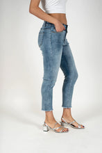 Load image into Gallery viewer, Light blue wash constructed waistband crop jeans with rhinestone Trim #1057