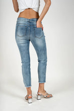 Load image into Gallery viewer, Light blue wash constructed waistband crop jeans with rhinestone Trim #1057
