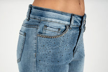 Load image into Gallery viewer, Light blue wash constructed waistband crop jeans with rhinestone Trim #1057