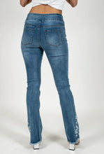 Load image into Gallery viewer, Light blue wash boot cut jeans with triangular floral inset #1107