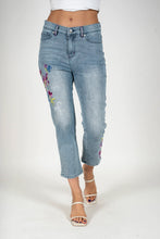 Load image into Gallery viewer, Light blue bleach slim capri with multi-colored floral embroidery #1167