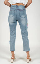 Load image into Gallery viewer, Light blue bleach slim capri with multi-colored floral embroidery #1167