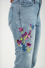 Load image into Gallery viewer, Light blue bleach slim capri with multi-colored floral embroidery #1167