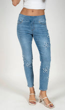 Load image into Gallery viewer, Light blue pull on comfort waistband ankle jeans with frayed floral appliques #1173