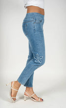 Load image into Gallery viewer, Light blue pull on comfort waistband ankle jeans with frayed floral appliques #1173