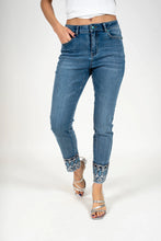 Load image into Gallery viewer, Medium blue acid wash constructed waistband ankle jeans with of paisley and geometric embroidery #1191