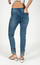 Load image into Gallery viewer, Medium blue acid wash constructed waistband ankle jeans with of paisley and geometric embroidery #1191