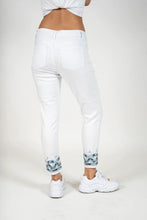 Load image into Gallery viewer, White denim constructed waistband skinny crop jeans with border Embroidery #1053