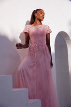 Load image into Gallery viewer, Short sleeved, sweeping floor length gown, overlay with mesh sequins #EK104