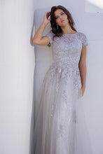 Load image into Gallery viewer, Short sleeved, sweeping floor length gown, overlay with mesh sequins #EK104