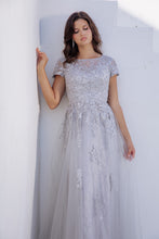 Load image into Gallery viewer, Short sleeved, sweeping floor length gown, overlay with mesh sequins #EK104