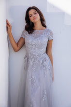 Load image into Gallery viewer, Short sleeved, sweeping floor length gown, overlay with mesh sequins #EK104