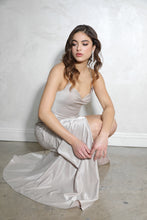 Load image into Gallery viewer, Slinky satin gown with pleated sides and side slit comfortable corset back #EK106