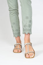 Load image into Gallery viewer, COMFORT ANKLE JEAN WITH SELF EMBROIDERED BOTTOM AND RHINESTONE DETAILS #1047