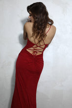 Load image into Gallery viewer, Long flattering fitted glitter spandex jersey, open corset back with open slit #EK116