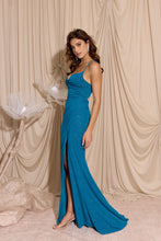 Load image into Gallery viewer, Long flattering fitted glitter spandex jersey, open corset back with open slit #EK116