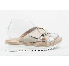 Load image into Gallery viewer, Round toe flat sandal, metallic accent, cushioned insole, flexible TPR outsole #ROH-1