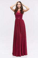 Load image into Gallery viewer, Illusion lace top floor length chiffon gown with satin sewn in belt #3611
