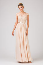 Load image into Gallery viewer, Illusion lace top floor length chiffon gown with satin sewn in belt #3611

