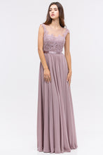 Load image into Gallery viewer, Illusion lace top floor length chiffon gown with satin sewn in belt #3611
