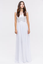 Load image into Gallery viewer, Illusion lace top floor length chiffon gown with satin sewn in belt #3611
