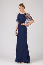 Load image into Gallery viewer, Sheath silhouette satin gown w/ attached rhinestone shawl #7003
