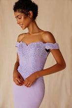 Load image into Gallery viewer, Floor length, mermaid silhouette off shoulder gown with heavy laced designed bodice #7100
