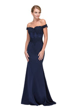 Load image into Gallery viewer, Floor length, mermaid silhouette off shoulder gown with heavy laced designed bodice #7100
