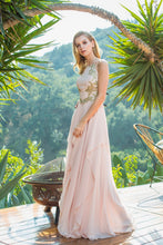 Load image into Gallery viewer, Sweeping, floor length A line layered chiffon dress with gold embroidery bodice design #6036
