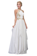 Load image into Gallery viewer, Sweeping, floor length A line layered chiffon dress with gold embroidery bodice design #6036
