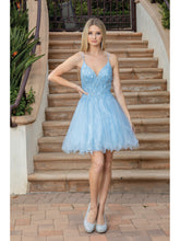 Load image into Gallery viewer, Lace Bodice Skater Dress with Tulle Overlay and V-Neckline Homecoming Dress #3316
