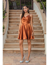 Load image into Gallery viewer, Silky Wrap-Front Skater Dress with V-Neckline and Adjustable Spaghetti Straps Homecoming Dress #3320
