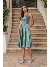 Load image into Gallery viewer, Satin Knee-Length Dress with V-Neckline and Lace-Up Back Detail #3323A
