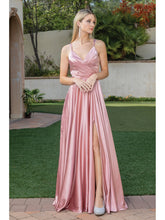 Load image into Gallery viewer, Satin Gown with V-Neck, Wrap Bodice, Spaghetti Straps, and High Leg Slit Prom Dress #4263
