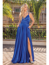 Load image into Gallery viewer, Satin Gown with V-Neck, Wrap Bodice, Spaghetti Straps, and High Leg Slit Prom Dress #4263
