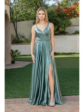 Load image into Gallery viewer, Satin Gown with V-Neck, Wrap Bodice, Spaghetti Straps, and High Leg Slit Prom Dress #4263
