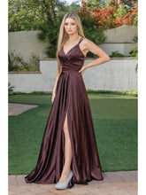 Load image into Gallery viewer, Satin Gown with V-Neck, Wrap Bodice, Spaghetti Straps, and High Leg Slit Prom Dress #4263
