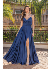 Load image into Gallery viewer, Satin Gown with V-Neck, Wrap Bodice, Spaghetti Straps, and High Leg Slit Prom Dress #4263
